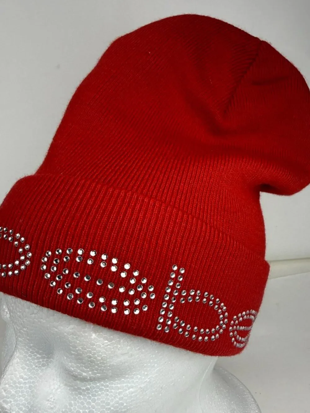 Bebe Red Rhinestone Crystal Logo Slouchy Beanie Winter Hat Cap 100% Acrylic